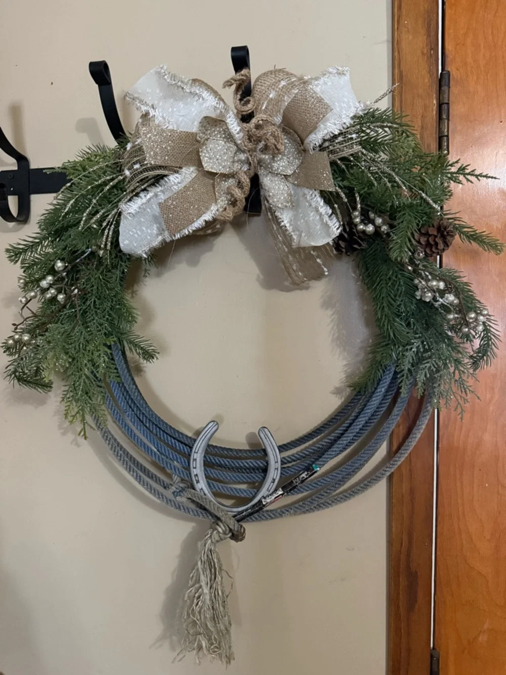 Rustic Green and Cream Holiday Rope Wreath with Burlap Bow